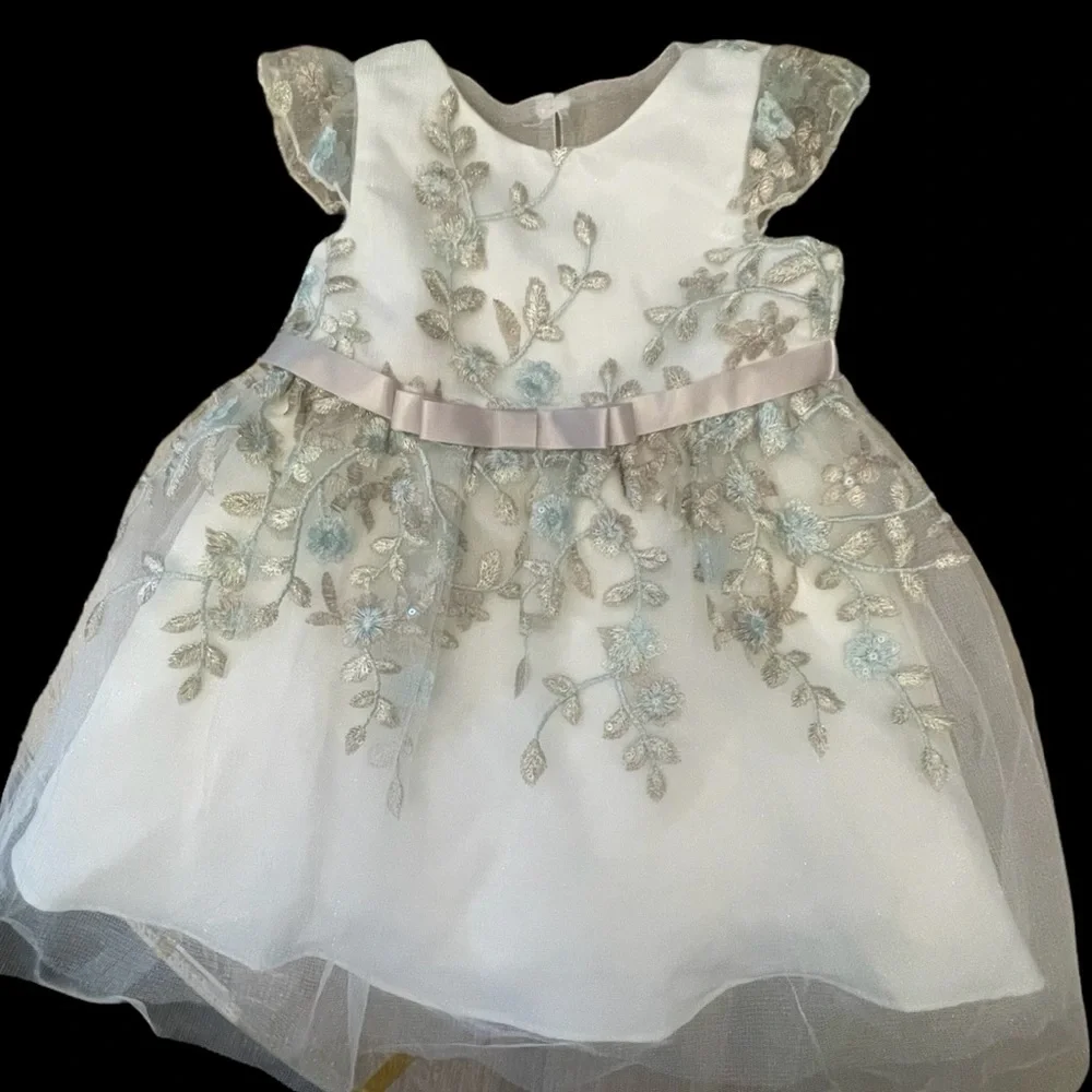 Rare Editions White and Silver Floral Dress w/bloomers